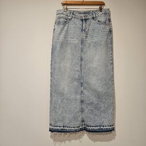 H&M Light Blue Faded Denim Maxi Skirt With Frayed Hem, Size 10